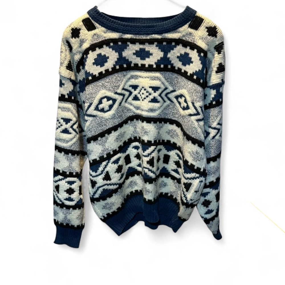 Sweater Expressions Vintage Men’s Blue White Black Abstract Sz Large P-P 25”L26”